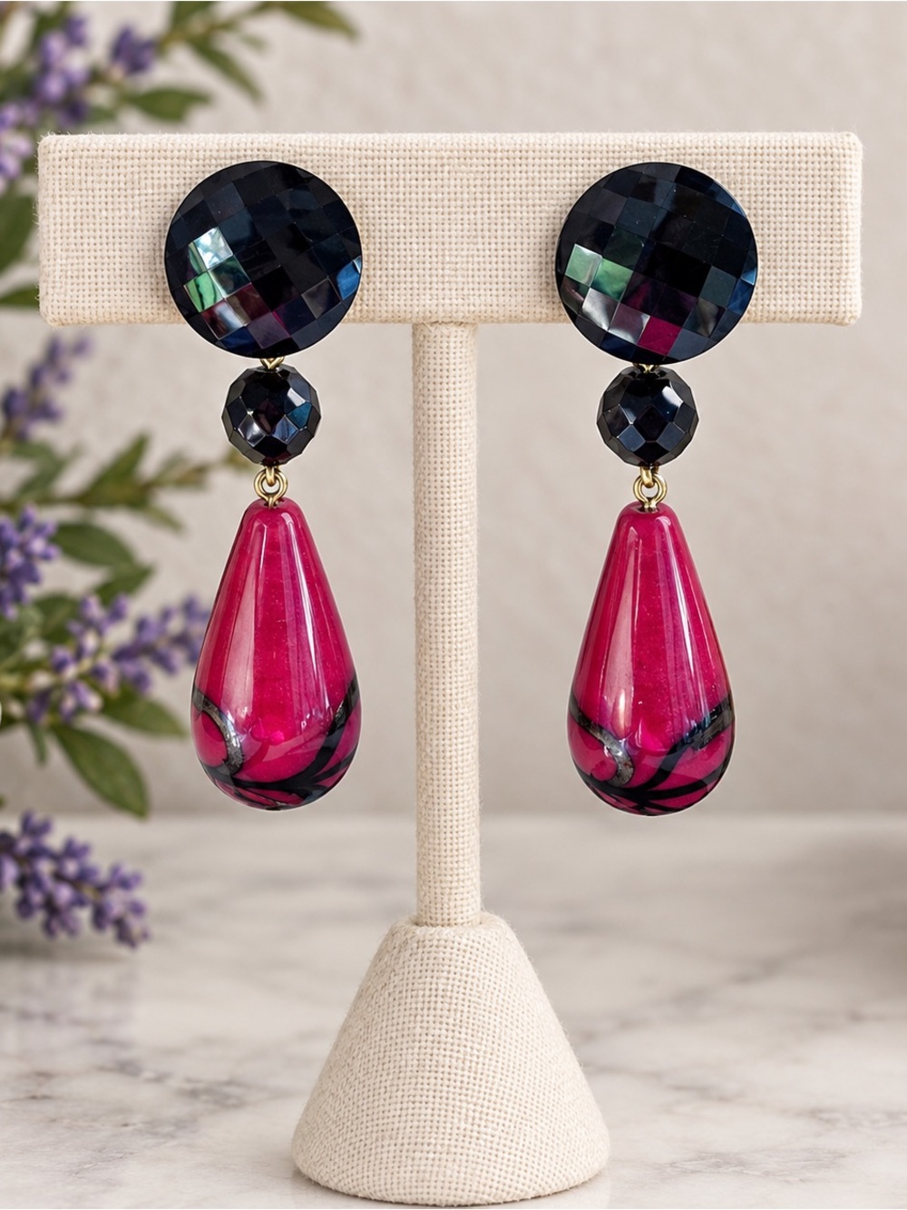 Vintage Onyx & Red Art Glass Drop Clip-On Earrings • Gold & Black Accents